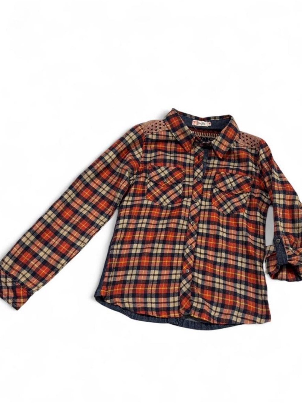 Miss Me Orange and Navy Plaid Button-Down Shirt